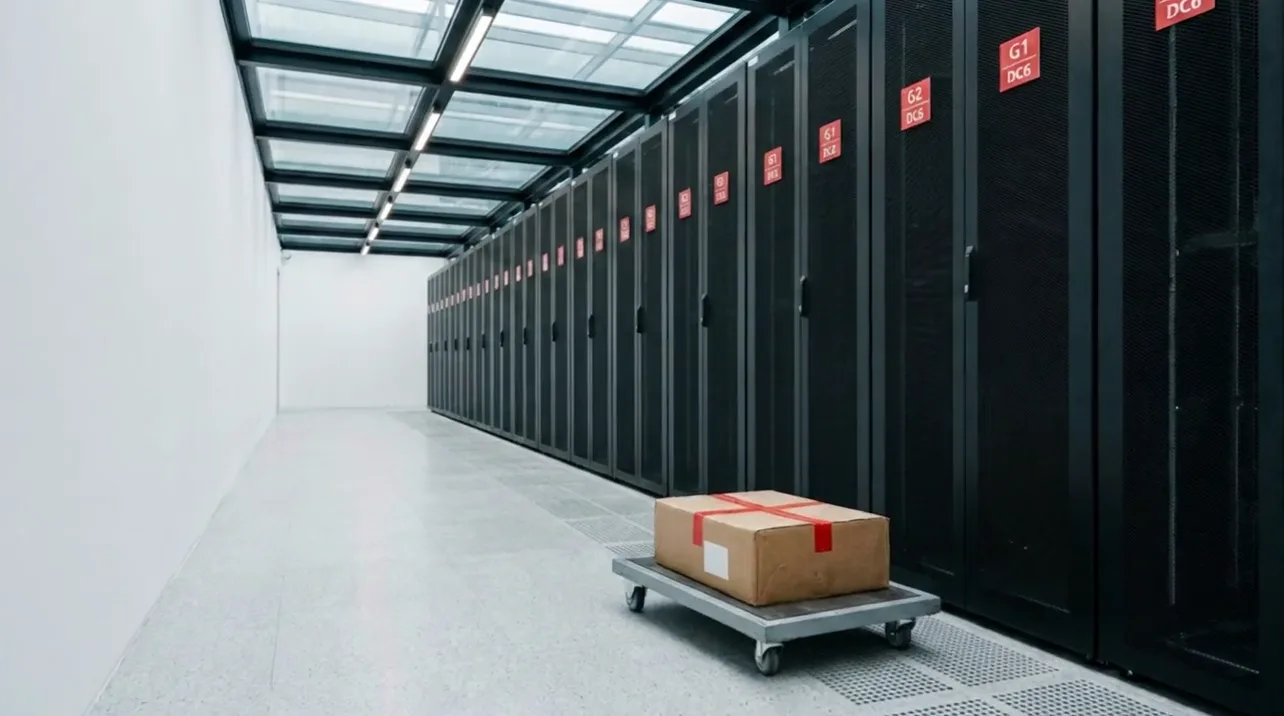 Krabice na vozíku v uličce datacentra mezi černými racky.